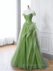 New Arrival A-Line Tulle Lace Green Long Prom Dresses, Green Lace Long Formal Dresses