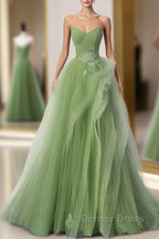 New Arrival A-Line Tulle Lace Green Long Prom Dresses, Green Lace Long Formal Dresses