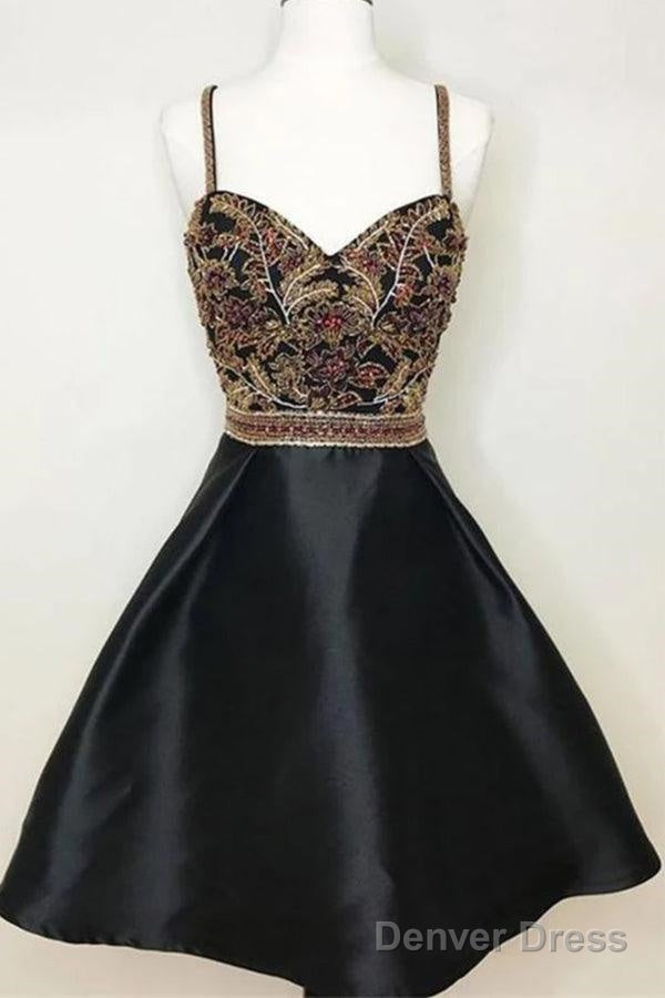 New Arrival Black Spaghetti Straps A Line Beading Homecoming Dresses Main image