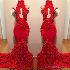 New Arrival Red Keyhole Mermaid Flowers Halter Sleeveless Long Prom Dresses