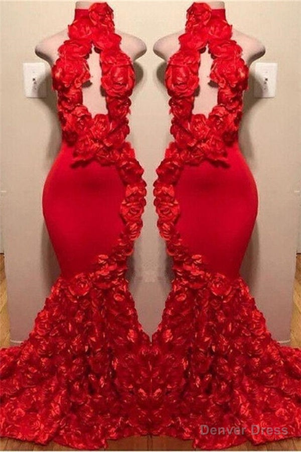 New Arrival Red Keyhole Mermaid Flowers Halter Sleeveless Long Prom Dresses