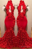 New Arrival Red Keyhole Mermaid Flowers Halter Sleeveless Long Prom Dresses
