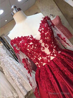 New Arrival Red Prom Dresses Off The Shoulder Lace Appliques Long Sleevess Puffy Prom Gown