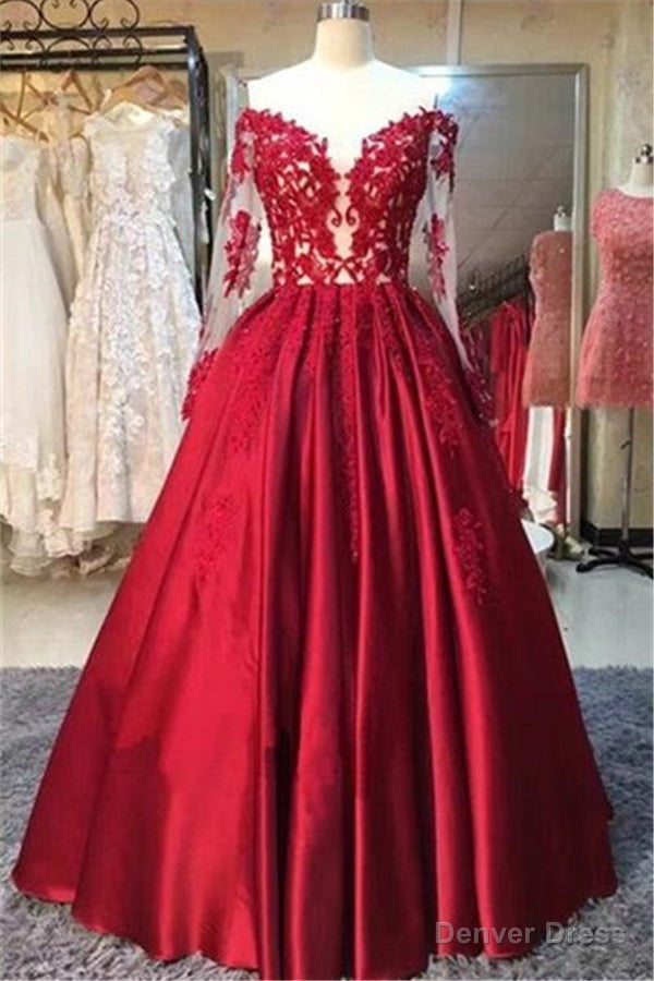 New Arrival Red Prom Dresses Off-the-Shoulder Lace Appliques Long Sleevess Puffy Evening Gowns Main image