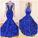 New Arrival Royal Blue Flowers Mermaid Sleeveless With lace Appliques Prom Dresses