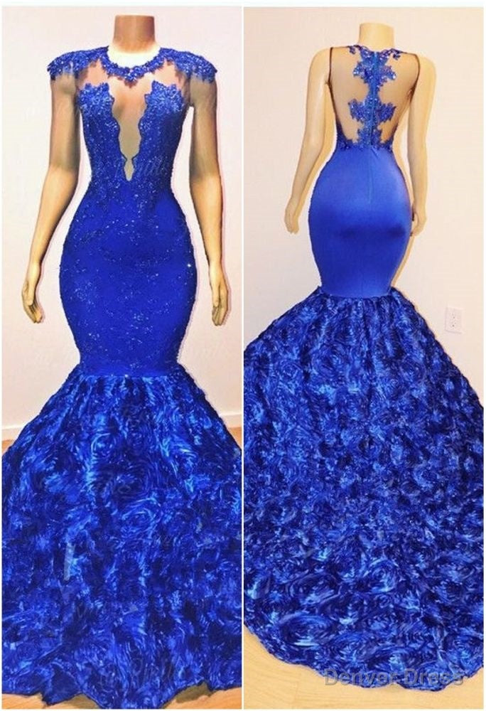 New Arrival Royal Blue Flowers Mermaid Sleeveless With lace Appliques Prom Dresses