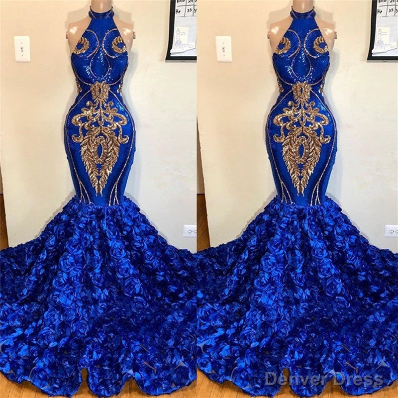 New Arrival Royal Blue Halter Mermaid Prom Dresses Gorgeous Sleeveless Flowers Long Prom Gown Secondary image