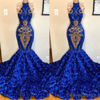New Arrival Royal Blue Halter Mermaid Prom Dresses Gorgeous Sleeveless Flowers Long Prom Gown