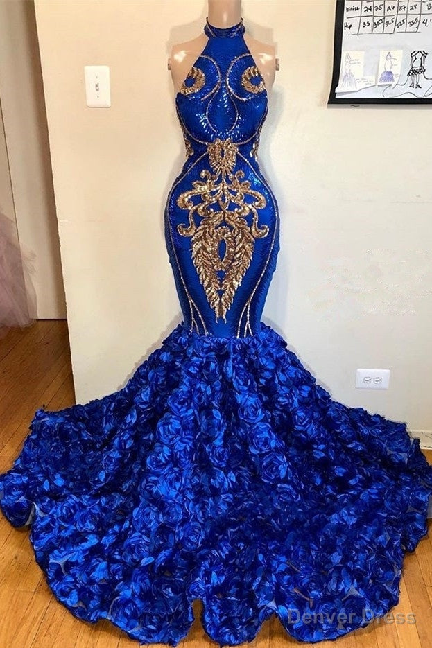 New Arrival Royal Blue Halter Mermaid Prom Dresses Gorgeous Sleeveless Flowers Long Evening Gowns Main image
