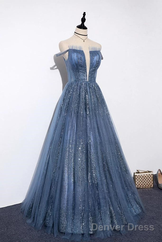 New Arrival Sequins Tulle Off The Shoulder Floor Length Prom Dresses Secondary image