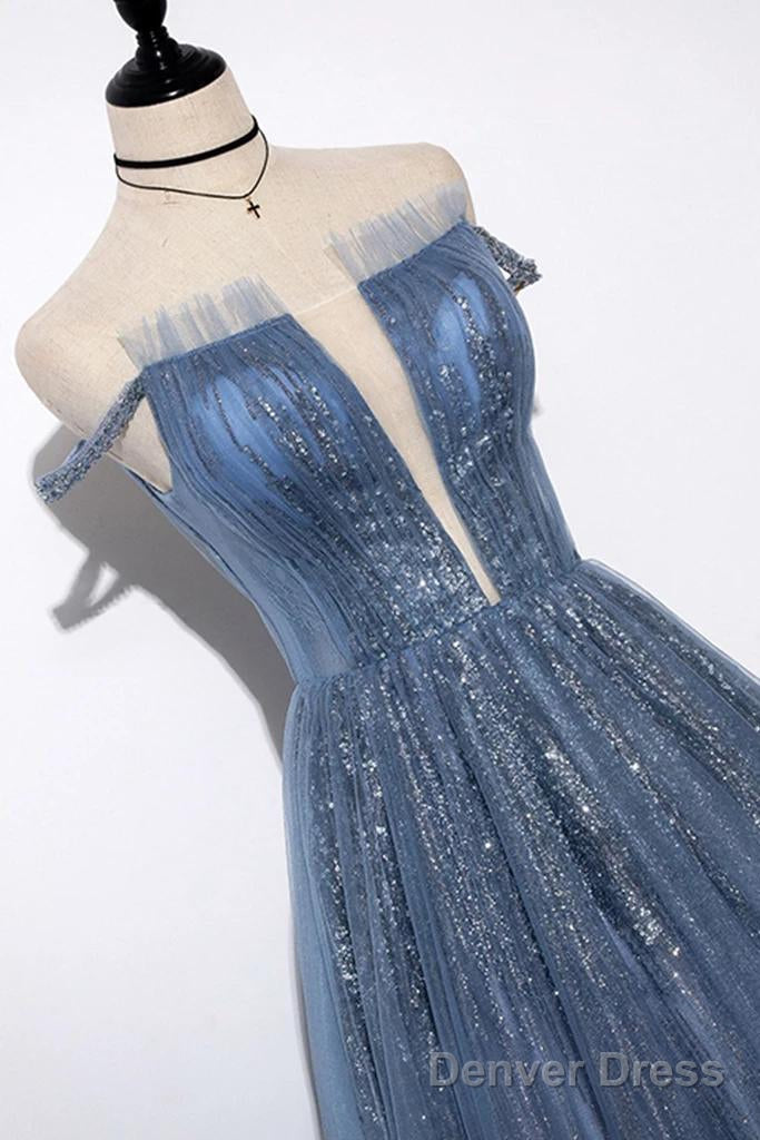 New Arrival Sequins Tulle Off The Shoulder Floor Length Prom Dresses