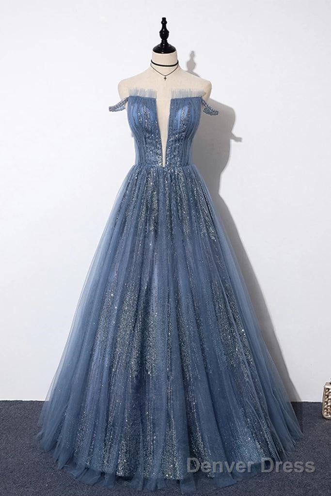 New Arrival Sequins Tulle Off The Shoulder Floor Length Prom Dresses Main image