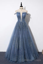 New Arrival Sequins Tulle Off The Shoulder Floor Length Prom Dresses