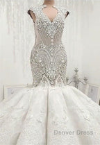 New Arrival V Neck Cap Sleeve Beads Crystals Mermaid Wedding Dresses Lace Applique