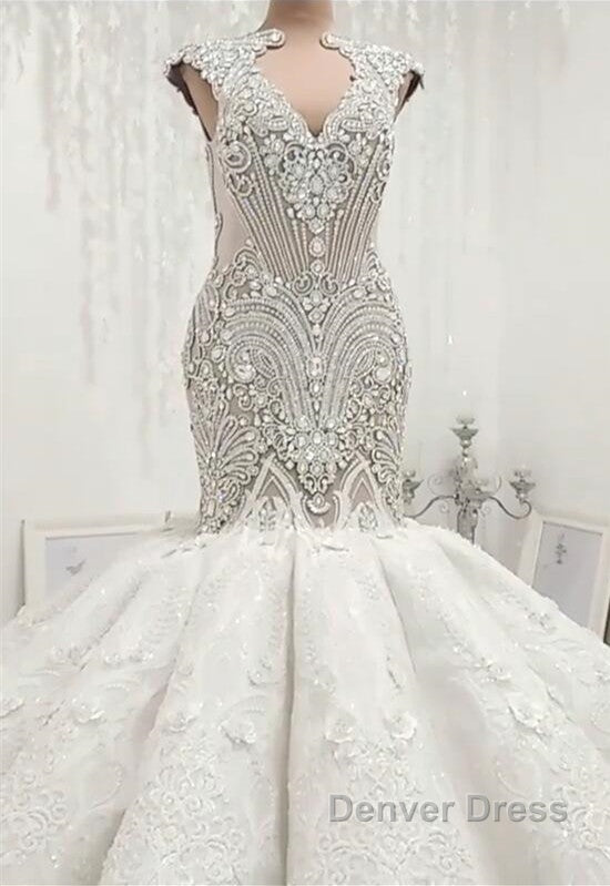 New Arrival V Neck Cap Sleeve Beads Crystals Mermaid Wedding Dresses Lace Applique