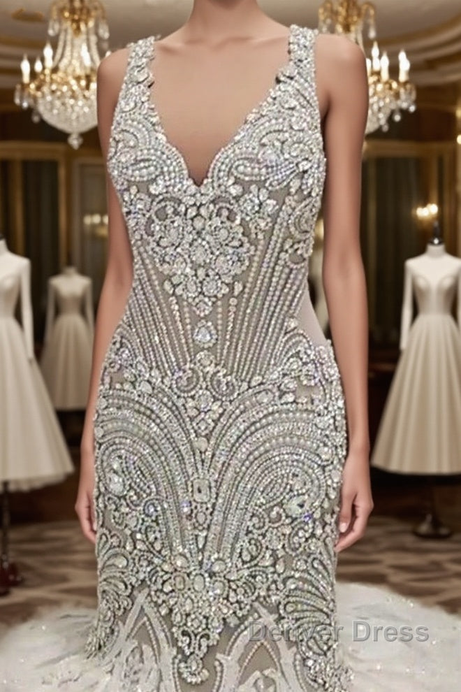 New Arrival V Neck Cap Sleeve Beads Crystals Mermaid Wedding Dresses Lace Applique Main image