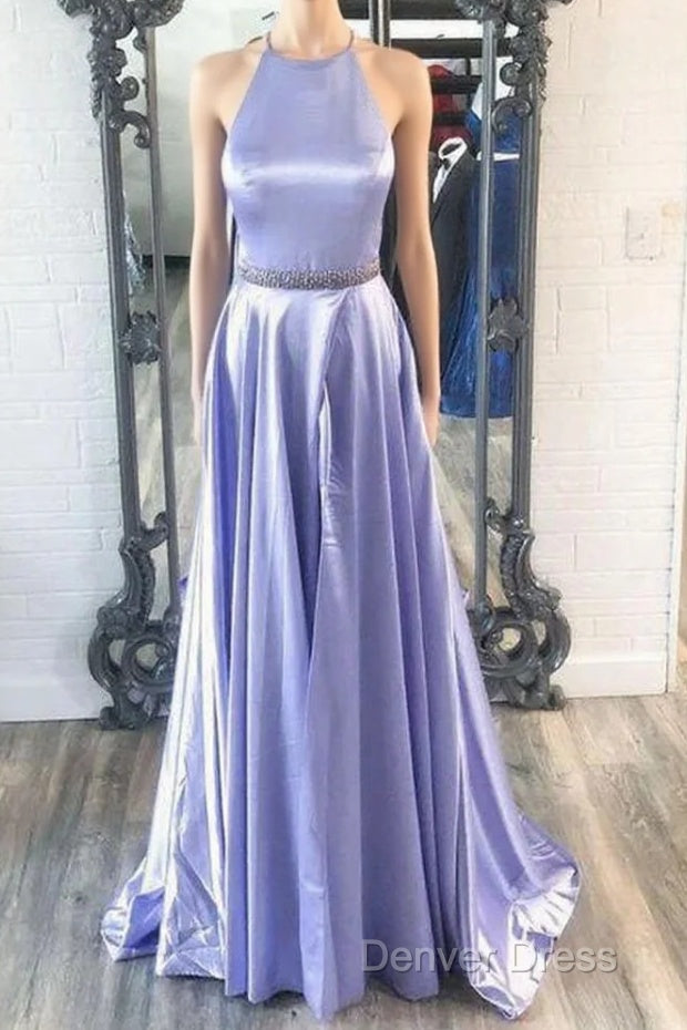 New Brand Lavender Satin A Line O Neck Long Prom Dresses, Party Dresses Main image