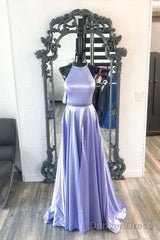 New Brand Lavender Satin A Line O Neck Long Prom Dress, Party Dresses