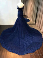 New Lace Navy Blue Prom Dress Tulle Vintage Prom Dresses Off The Shoulder