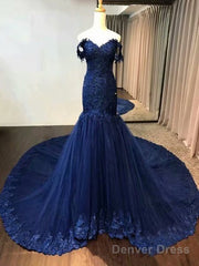 New Lace Navy Blue Prom Dresses Tulle Vintage Evening Dress Off The Shoulder