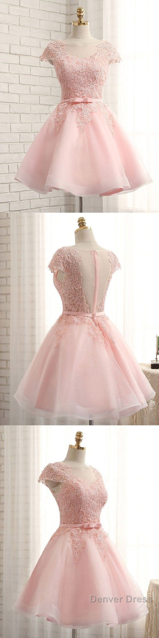 Newest Pink Lace Cap Sleeve A-Line Yarn Back With Bow Sash Pretty Junior Homecoming Dress