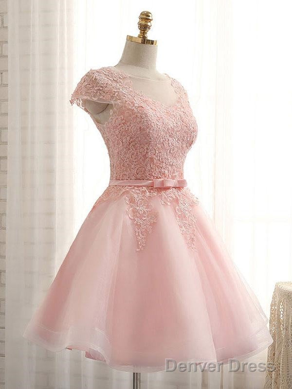Newest Pink Lace Cap Sleeve A-Line Yarn Back With Bow Sash Pretty Junior Homecoming Dresses