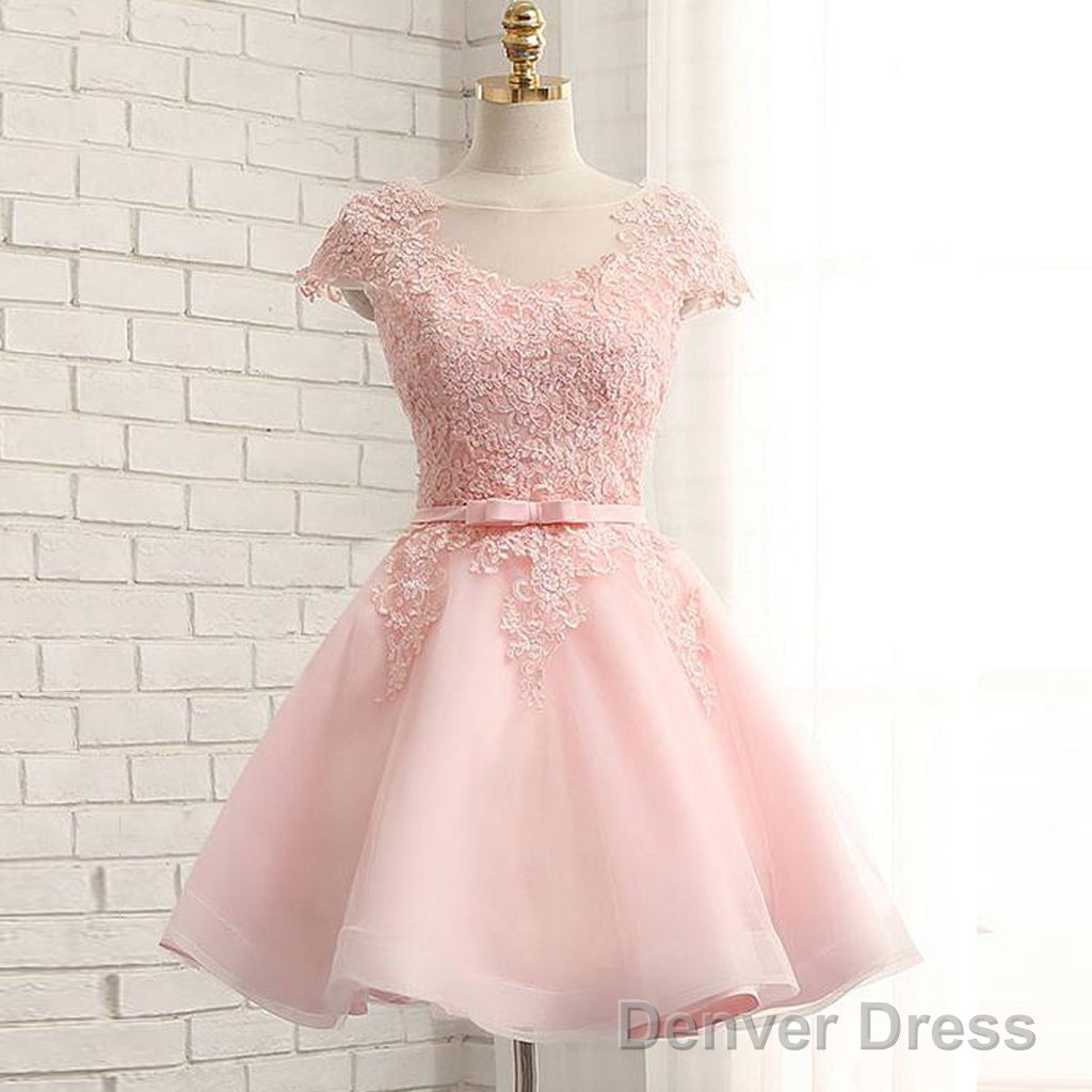 Newest Pink Lace Cap Sleeve A-Line Yarn Back With Bow Sash Pretty Junior Homecoming Dress Main image