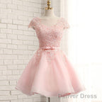 Newest Pink Lace Cap Sleeve A-Line Yarn Back With Bow Sash Pretty Junior Homecoming Dress