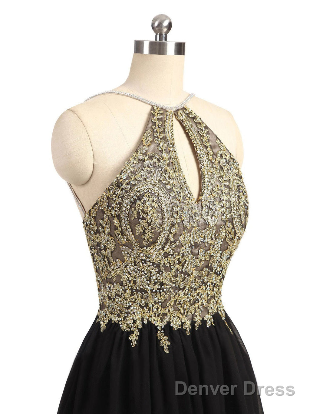 Newest Unique Beading Halter Lace Appliques Top Black Chiffon Skirt Open Back Homecoming Dresses