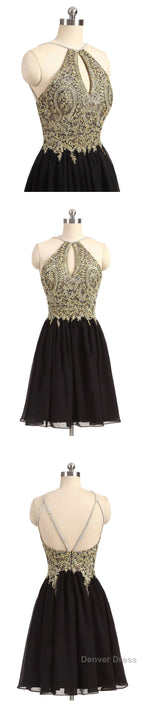 Newest Unique Beading Halter Lace Appliques Top  Black Chiffon Skirt Open Back Homecoming Dress