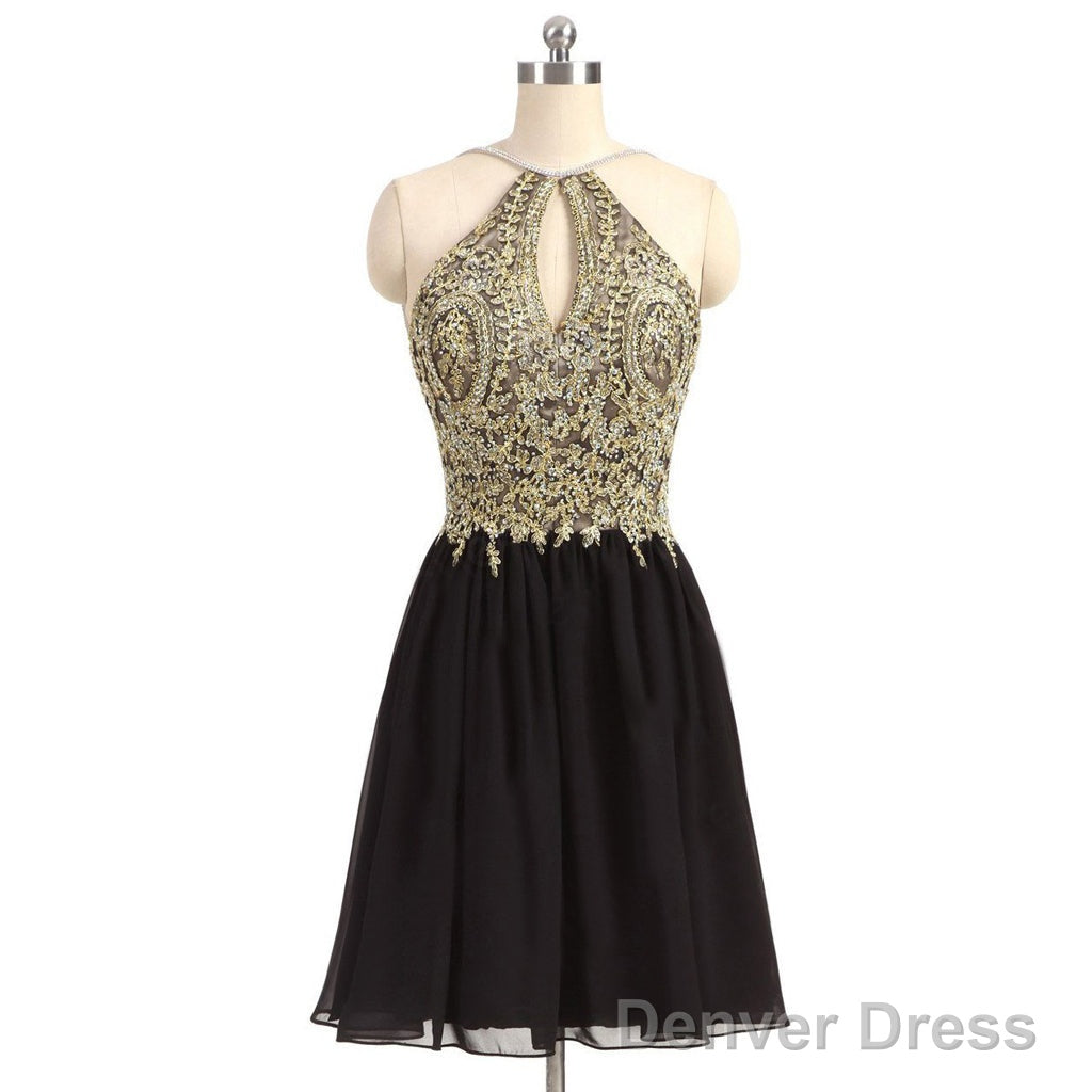 Newest Unique Beading Halter Lace Appliques Top  Black Chiffon Skirt Open Back Homecoming Dress Main image