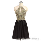 Newest Unique Beading Halter Lace Appliques Top  Black Chiffon Skirt Open Back Homecoming Dress