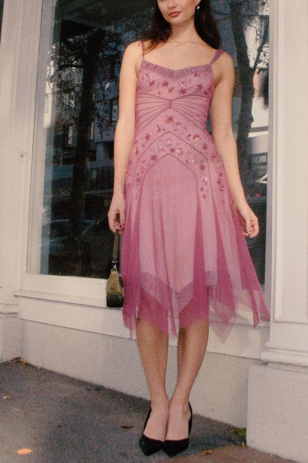 NiceVestidos--Pink Beaded Mid-Length Homecoming Dress Prom Dresses