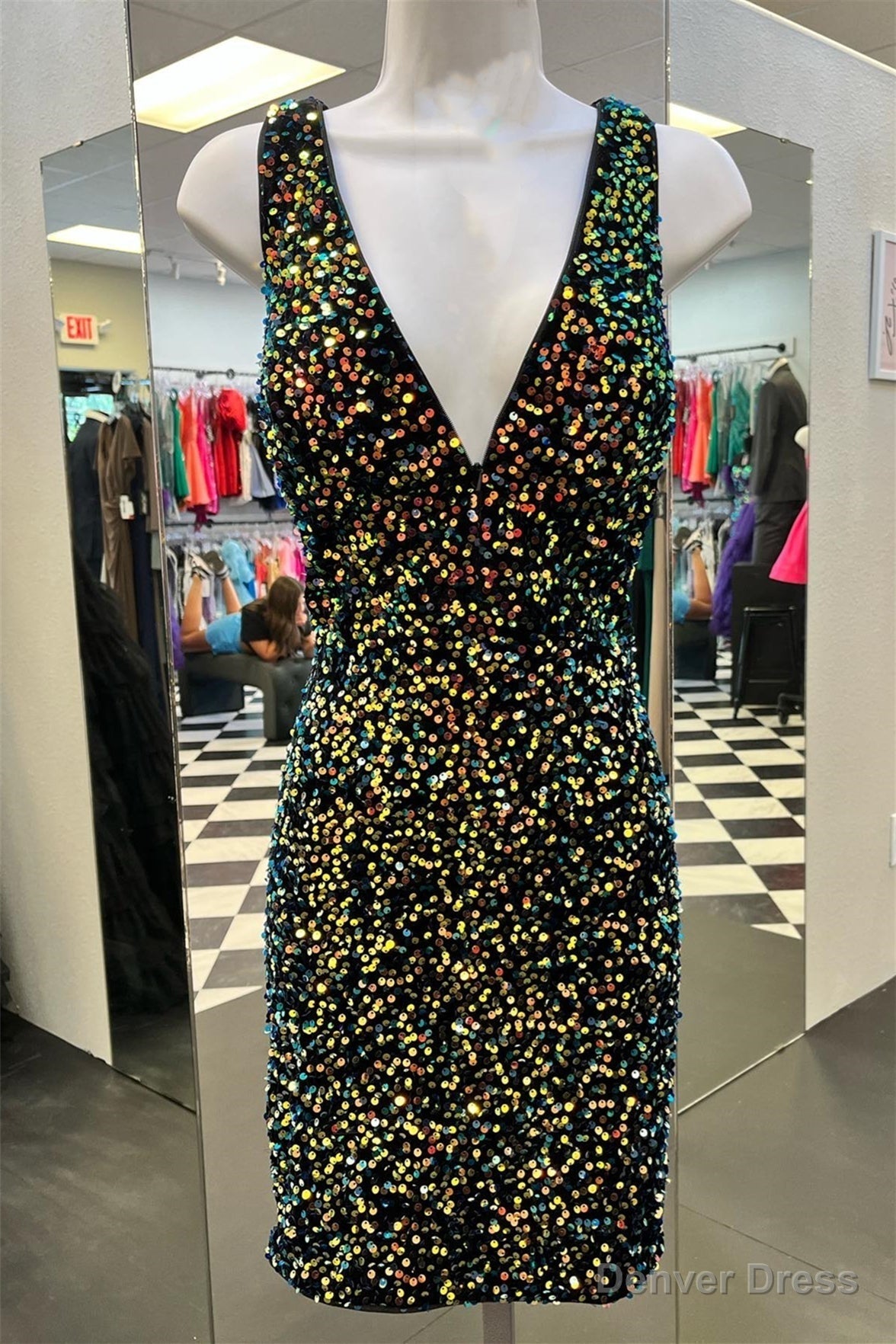 Iridescent Sequins Plunging V Neck Sheath Homecoming Dress Main image