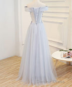 Gray A Line Off Shoulder Floor Length Prom Dresses, Lace Evening Dresses