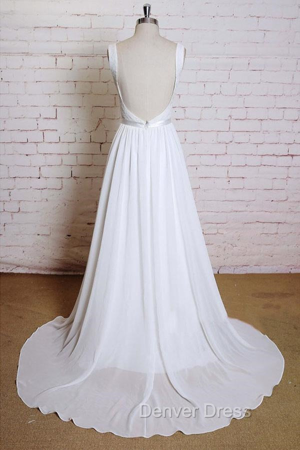 Noble A-Line Shoulder Strap With Chiffon Patch Flower Dew Back And Ground Length Wedding Dresses