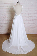 Noble A Line Shoulder Strap With Chiffon Patch Flower Dew Back And Ground Length Wedding Dresses