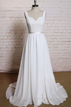 Noble A Line Shoulder Strap With Chiffon Patch Flower Dew Back And Ground Length Wedding Dresses