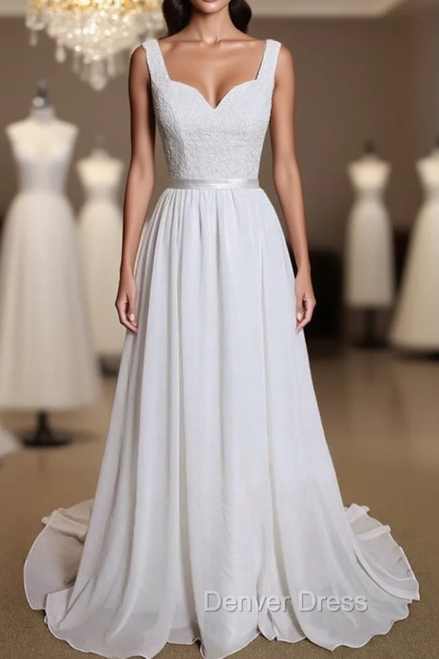 Noble A Line Shoulder Strap With Chiffon Patch Flower Dew Back And Ground Length Wedding Dresses Main image