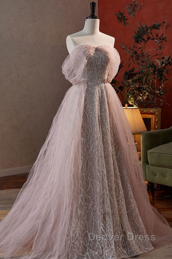 Noble And Charming Dark Pink Beaded Sequins Off The Shoulder Short Sleeved Ball Dress, Dark Pink A Shaped Princess Backless Strap And Ground Length Prom Dresses Secondary image