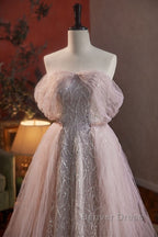 Noble And Charming Dark Pink Beaded Sequins Off The Shoulder Short Sleeved Ball Dress, Dark Pink A Shaped Princess Backless Strap And Ground Length Prom Dresses