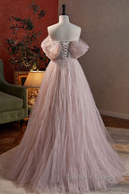 Noble And Charming Dark Pink Beaded Sequins Off The Shoulder Short Sleeved Ball Dress, Dark Pink A Shaped Princess Backless Strap And Ground Length Prom Dresses