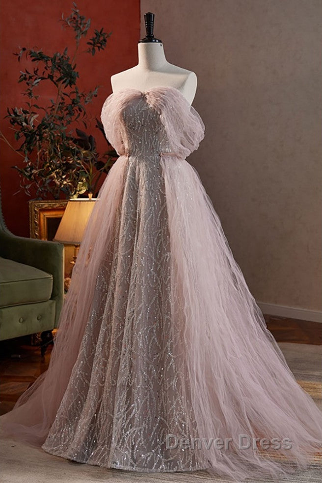 Noble And Charming Dark Pink Beaded Sequins Off The Shoulder Short Sleeved Ball Dress, Dark Pink A Shaped Princess Backless Strap And Ground Length Prom Dresses