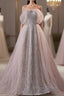 Noble And Charming Dark Pink Beaded Sequins Off The Shoulder Short Sleeved Ball Dress, Dark Pink A Shaped Princess Backless Strap And Ground Length Prom Dresses
