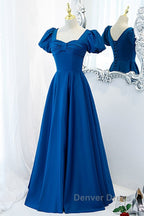 Noble And Elegant Blue Satin Retro Square Neck Short Sleeved Ball Dress With Blue Backless Strap And Floor Length Prom Dresses