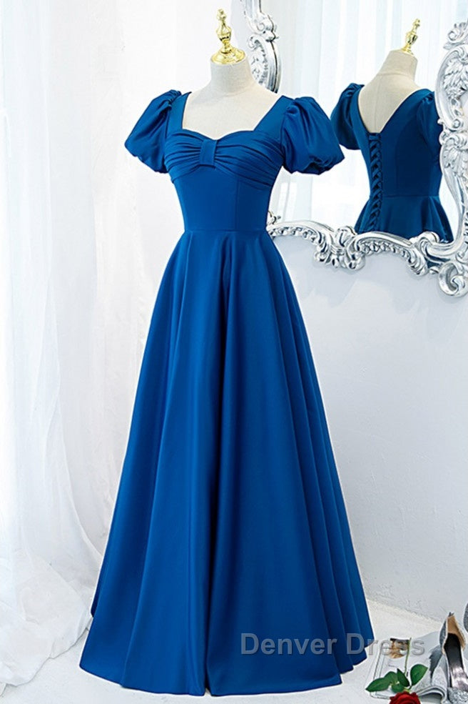 Noble And Elegant Blue Satin Retro Square Neck Short Sleeved Ball Dress With Blue Backless Strap And Floor Length Prom Dresses
