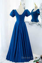 Noble And Elegant Blue Satin Retro Square Neck Short Sleeved Ball Dress With Blue Backless Strap And Floor Length Prom Dresses