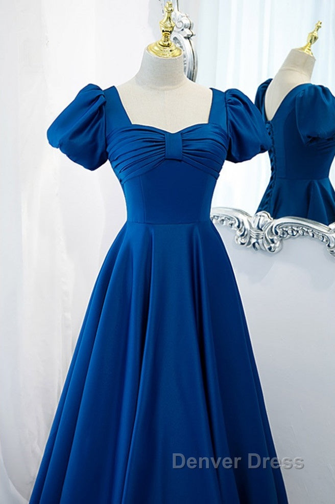 Noble And Elegant Blue Satin Retro Square Neck Short Sleeved Ball Dress With Blue Backless Strap And Floor Length Prom Dresses