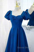 Noble And Elegant Blue Satin Retro Square Neck Short Sleeved Ball Dress With Blue Backless Strap And Floor Length Prom Dresses