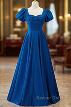 Noble And Elegant Blue Satin Retro Square Neck Short Sleeved Ball Dress With Blue Backless Strap And Floor Length Prom Dresses